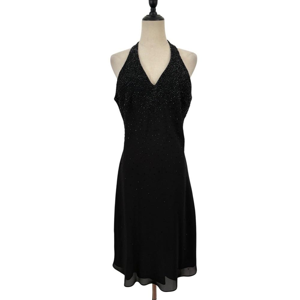 Vtg 90s Cachet Dress Women M Black Beaded Halter Evening Gown LBD going out